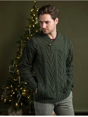 Aran Crafts Men’s Shaw‎l Collar  Fisherman Sweater 100 Merino Wool Size Medium